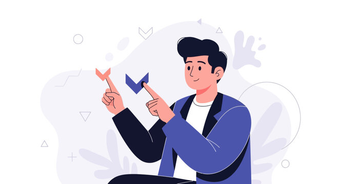 Man making a choice between two options, represented by checkmarks, vector illustration.