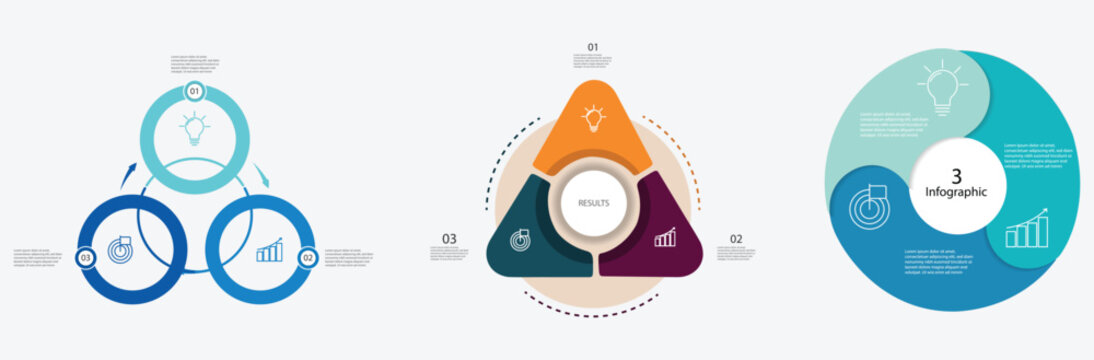 Collection of 3 options infographic diagrams with circular and triangular layouts for corporate workflow presentation and process visualization