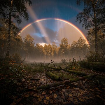 Stunning full circle rainbow over a misty forest at dawn.