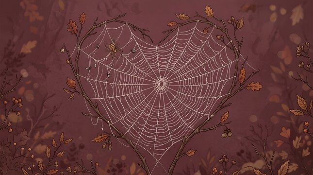 Intricate spider web spun into a romantic heart shape between twisted brown autumn oak branches with fallen leaves and small insects in dark moody red tones