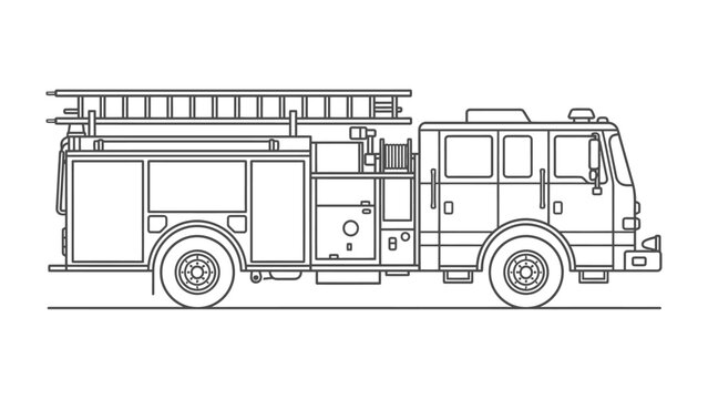Fire Engine Line Art: A detailed outline illustration of a modern fire engine, showcasing its ladder, equipment compartments, and robust chassis, presented cleanly on a neutral background.