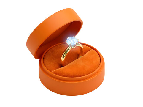 Gold diamond ring in an orange jewelry box isolated on transparent background