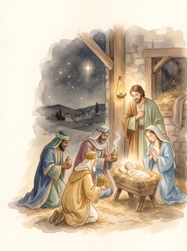 Three kings adoring baby Jesus in Nativity scene