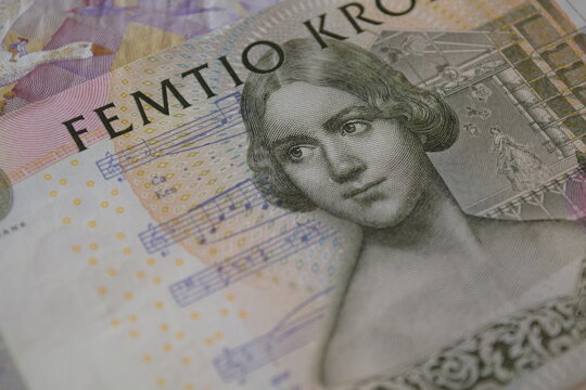 Close up of an old fifty Swedish krona banknote featuring portrait of Jenny Lind
