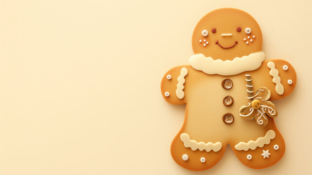Cute handcrafted felt gingerbread man cookie on soft beige background with copy space