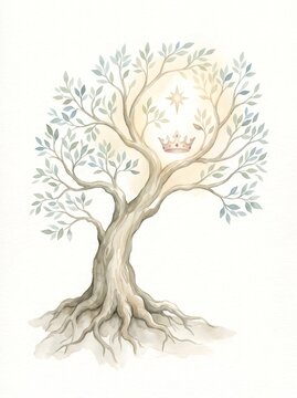 Watercolor tree representing royal lineage and divine star