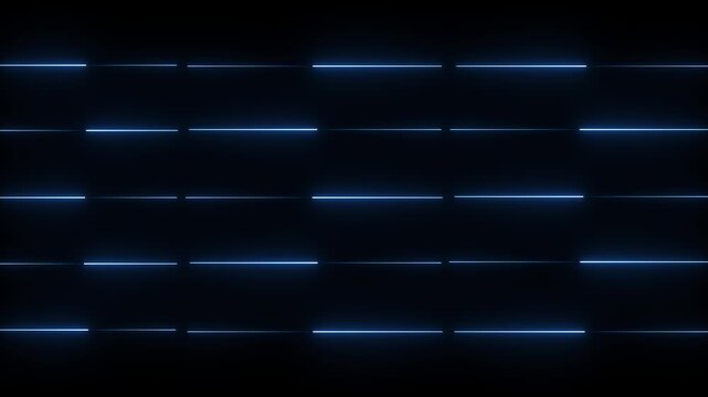 blue neon glowing dashed lines moving horizontal abstract animation background.