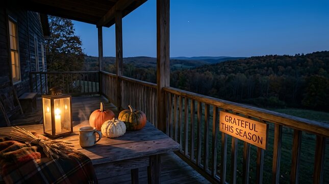 Cozy thanksgiving evening on a mountain cabin porch