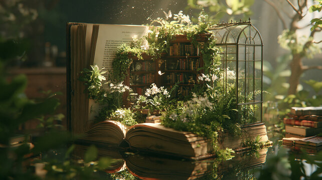 Magical Open Book Growing Green Plants Flowers In Sunlit Garden