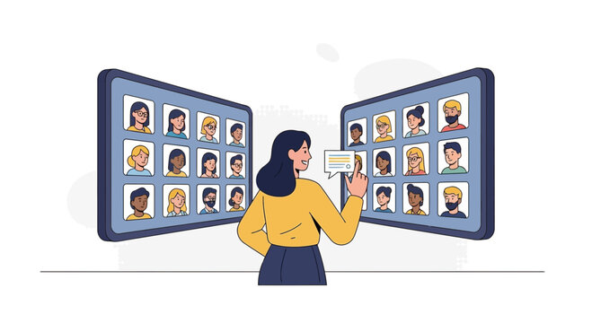 Remote Team Meeting with Diverse Participants on Screens, Video Conference Concept Illustration