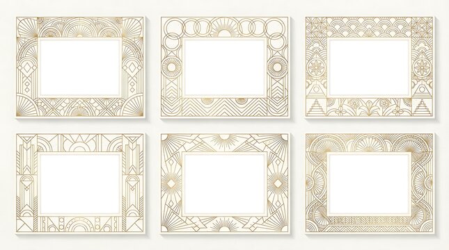 Six art deco frames with geometric golden lines on white.