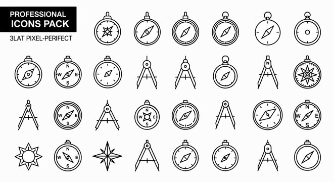 Professional icons pack of compasses and dividers, navigation and direction symbols, black and white vector illustrations