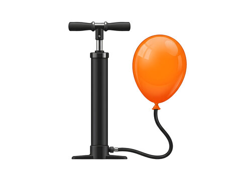 Hand air pump inflating an orange balloon isolated on transparent background