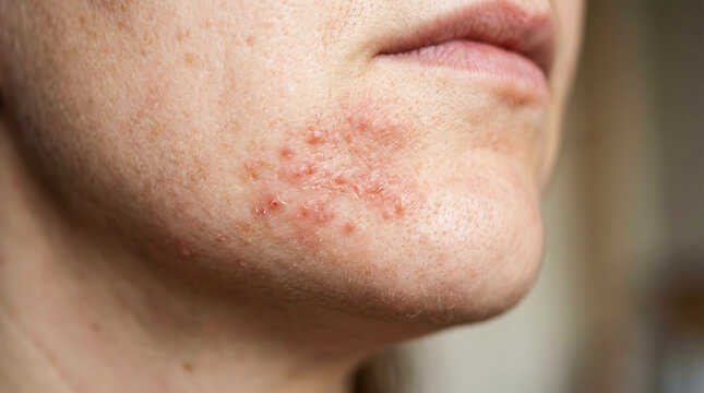 Close-up of person's face with red skin rash on cheek