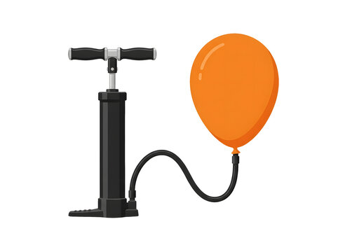 Hand air pump inflating an orange balloon isolated on transparent background