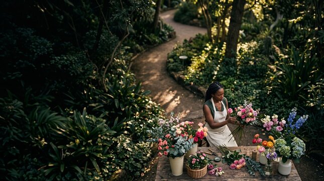Florist arranging bouquet in lush garden setting with sunlight dappling the path