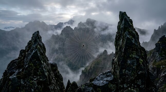 Intricate spider web stretched between two sharp craggy mountain peaks high above the misty valley during a dramatic overcast day with low hanging grey clouds