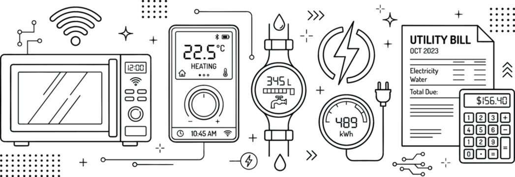 Smart home utility bill management line art concept with microwave thermostat water meter electricity usage calculator symbols