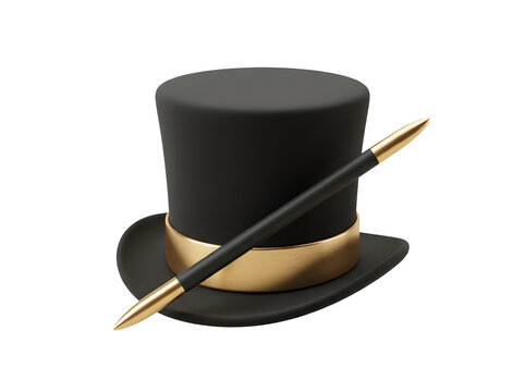 3d illustration of a magic top hat and wand isolated on transparent background