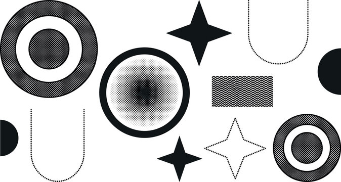 Abstract black and white brutalist geometric shapes collection featuring halftone circles textured targets stars and arches vector asset set
