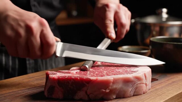 Chef sharpening knife before preparing red meat steak in kitchen