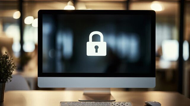 Computer security lock icon on desktop during work hours in an office environment