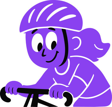 Purple cartoon cyclist wearing safety helmet riding bicycle illustration for active lifestyle with bicycle minimalist graphic