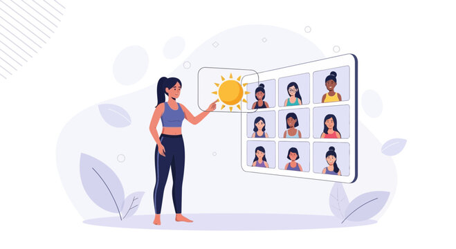 Woman leads online fitness class, interacting with virtual participants on a screen with sun icon