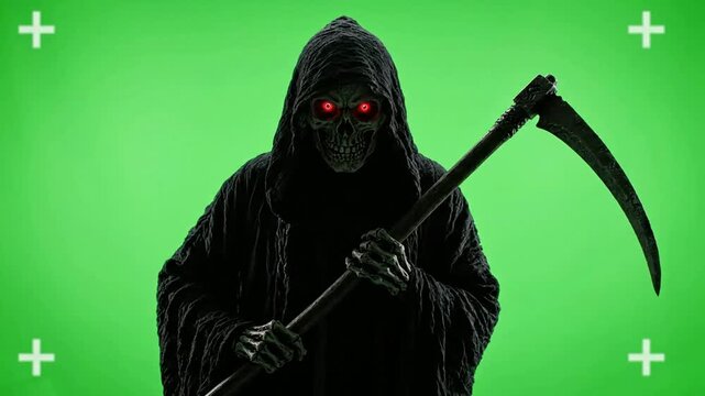Grim reaper with glowing red eyes holding scythe on green screen for horror vfx compositing death skeleton