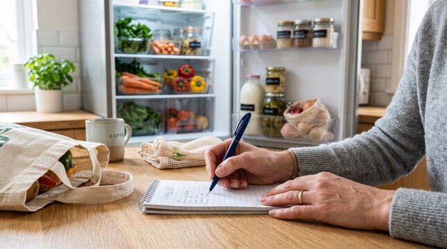 Adult writing grocery shopping list in modern kitchen near refrigerator  
