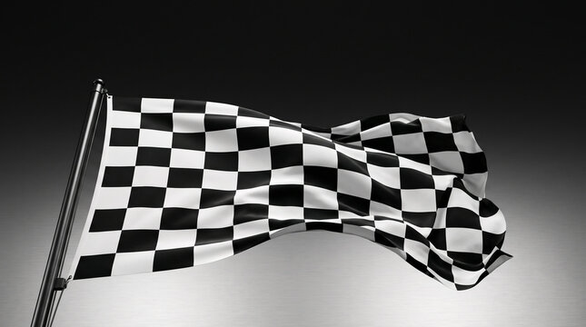 Waving checkered flag on pole in motion against dark metallic background