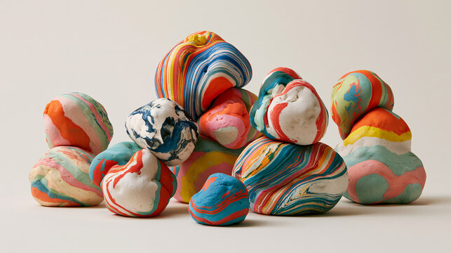 Abstract Colorful Marbled Clay Pebbles Scattered on a White Background