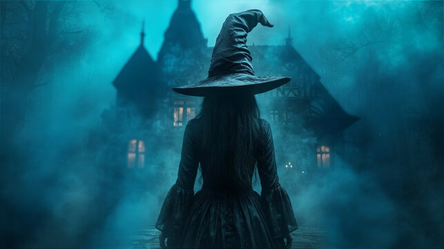 Mysterious witch in a pointed hat standing before a haunted spooky house in a foggy night for Halloween