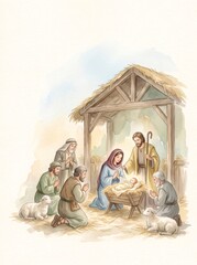 Fototapeta premium Nativity scene with Holy Family and adoring shepherds