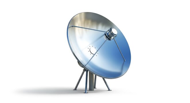 Modern parabolic satellite dish mounted on a metal stand, isolated on a white background, representing telecommunications and global data, electronic, media, industrial