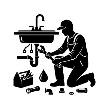 Plumber fixing a kitchen sink pipe using a wrench in a house repair service