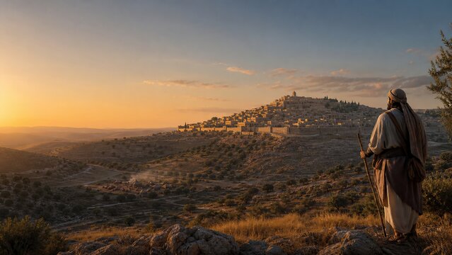 Man in biblical robe with staff looks at ancient Jerusalem on hill at sunset. David leaves the city at dawn. Psalm theme of trust in god, prayer and divine protection. Faith and pilgrimage concept