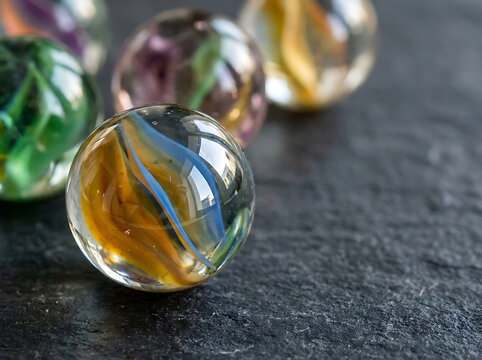 Colorful glass marbles on a dark textured stone surface