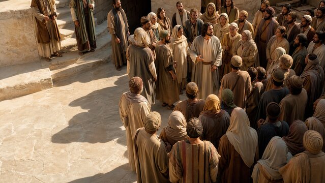 Man in white robe teaching crowd of people in ancient stone courtyard. Biblical scene of faith and salvation. Religious gathering in old Jerusalem inspired setting for church and bible study.