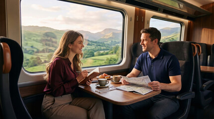 Fototapeta premium Couple planning a trip on a train with a scenic landscape view