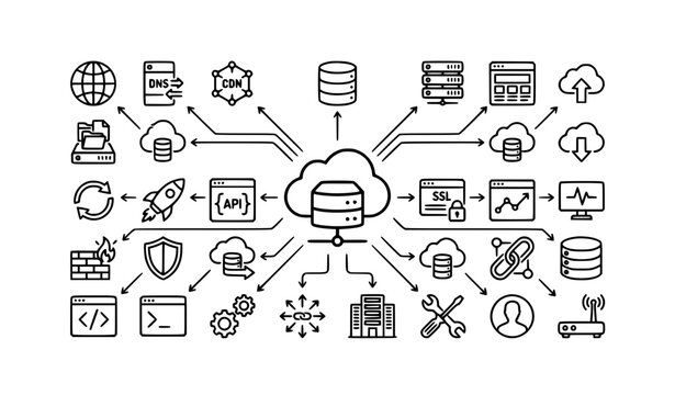 Cloud hosting infrastructure linear icon collection with connected server network CDN deployment and security