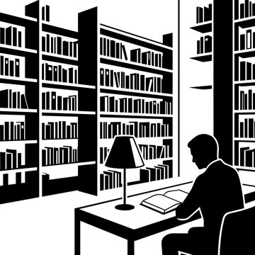 Man reading book at desk with lamp inside large library with bookshelves