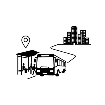 Black and white public bus at transit station icon graphic with city skyline