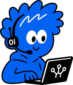 Blue cartoon character wearing headset working on laptop computer for customer support services vector illustration with help