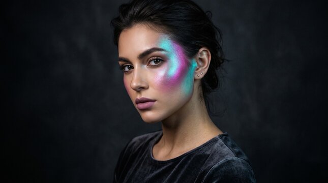 Futuristic neon makeup on beautiful woman, artistic holographic face paint portrait, creative beauty photography with glowing pink and blue light