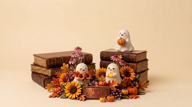 Autumn Ghost Illustration with Pumpkins, Books, and Fall Decorations