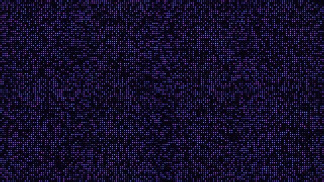 Glowing purple and blue digital dots flicker in a rhythmic motion pattern creating a modern abstract background for this creative high quality animated technology video footage
