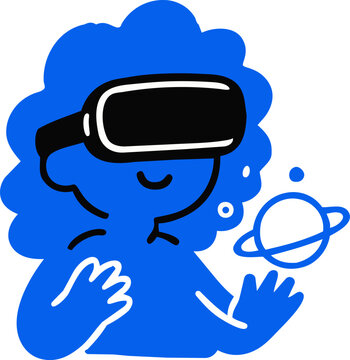 Blue cartoon person wearing virtual reality headset interacting with holographic planet icon digital illustration design