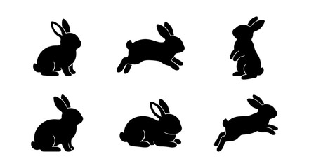 Obraz premium Six Black Silhouette Bunny Rabbit Vector Icons, Cute Easter Spring Animal Graphics, Simple Modern Hare Collection for Design