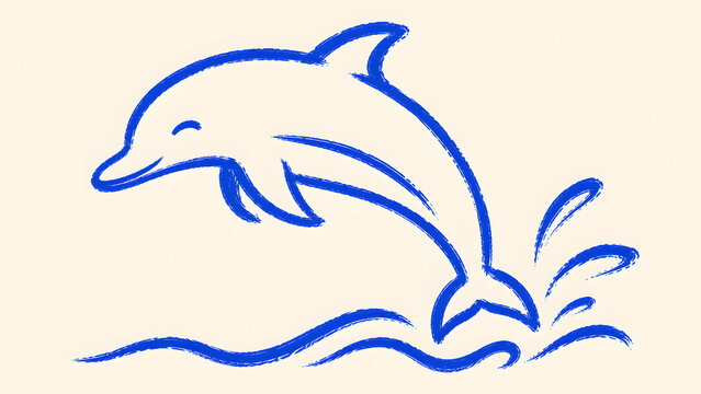 Blue crayon drawing of a jumping dolphin on a light background